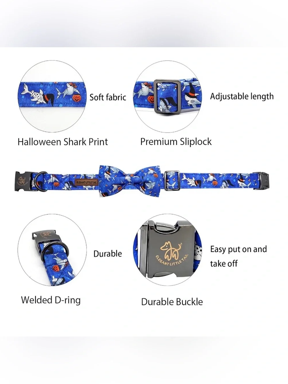 Halloween Dog Collar - Shark With Pumpkin Holiday Pet Bow Collar Size Small